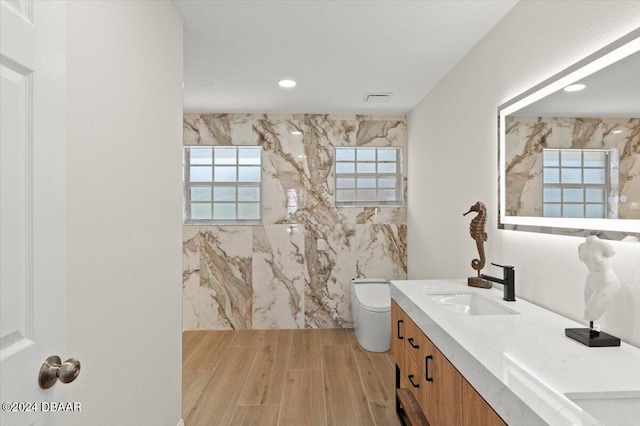 bathroom featuring vanity, hardwood / wood-style flooring, and toilet