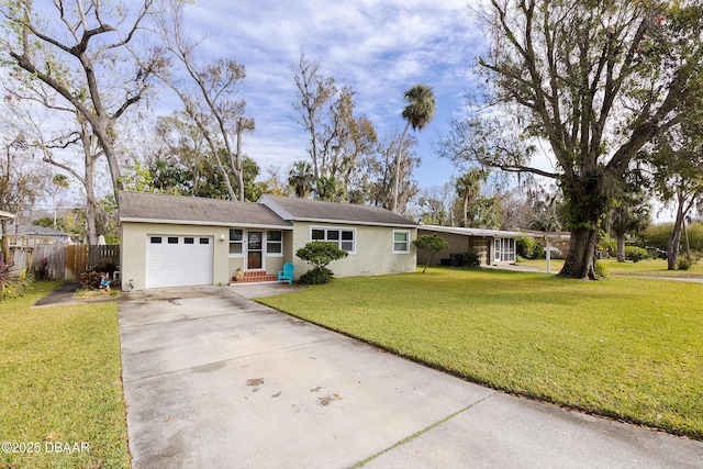 ranch-style house featuring a garage and a front lawn