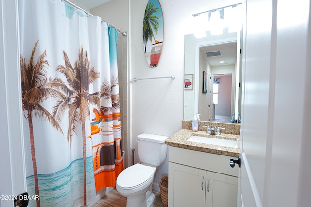 bathroom featuring a shower with curtain, vanity, and toilet