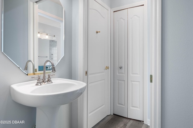 bathroom with hardwood / wood-style flooring and sink