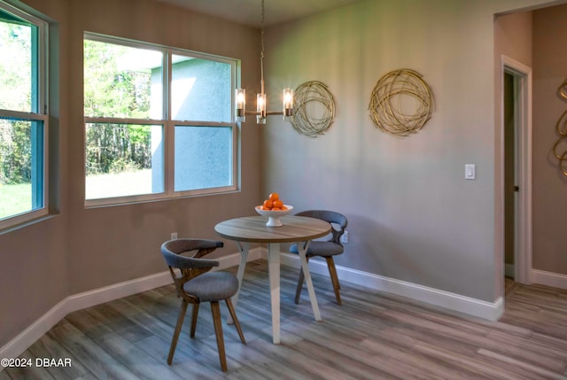 dining room with hardwood / wood-style flooring and an inviting chandelier