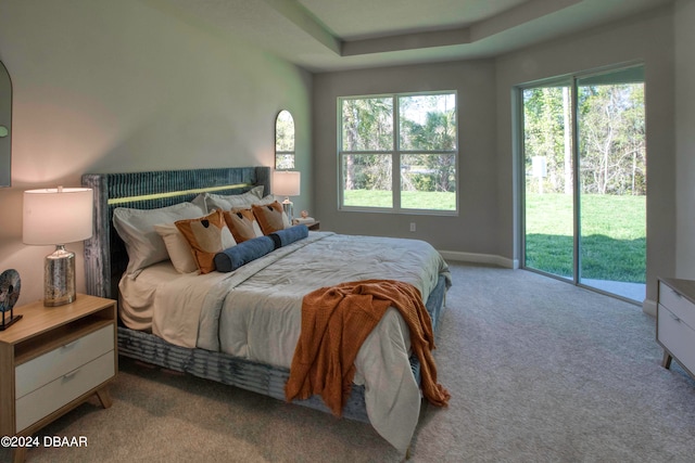 carpeted bedroom featuring multiple windows and access to exterior