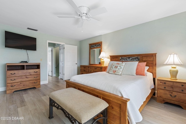 bedroom with ceiling fan and light wood-type flooring