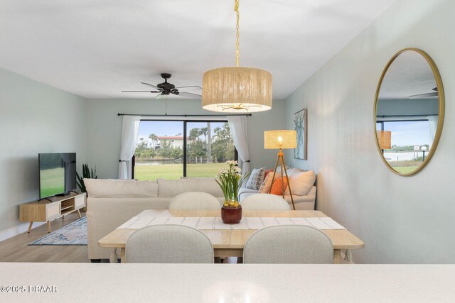 dining space featuring ceiling fan and hardwood / wood-style flooring