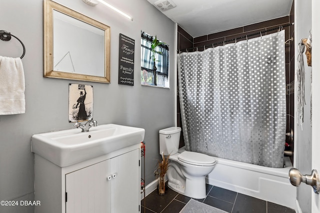 full bathroom with vanity, tile patterned floors, toilet, and shower / bathtub combination with curtain