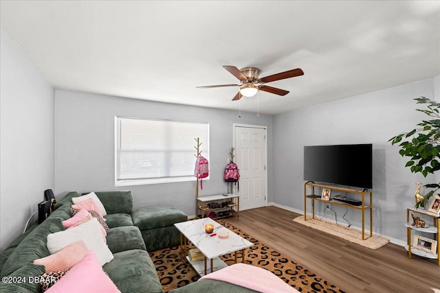 living room with hardwood / wood-style flooring and ceiling fan