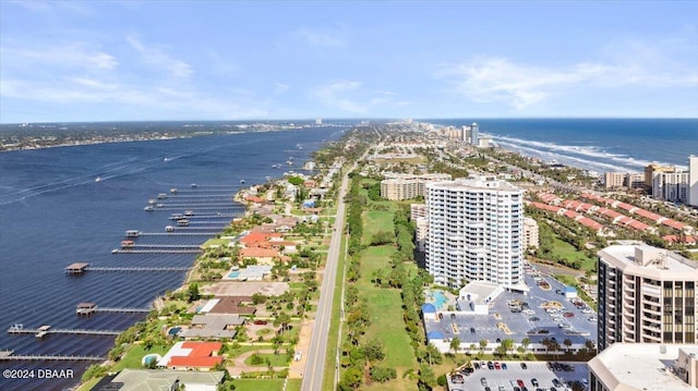 drone / aerial view featuring a water view