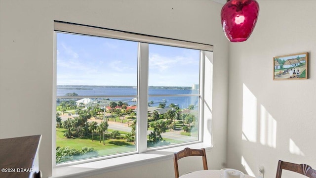 interior space with a water view