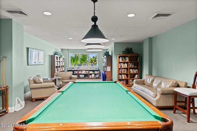 rec room featuring carpet flooring and billiards