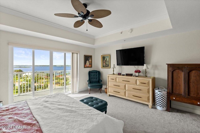 carpeted bedroom with ceiling fan, crown molding, and access to outside