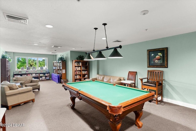 playroom with light carpet and billiards