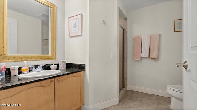 bathroom featuring walk in shower, tile patterned flooring, vanity, and toilet