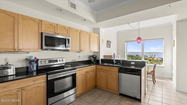 kitchen featuring stainless steel appliances, sink, light tile patterned floors, decorative light fixtures, and crown molding