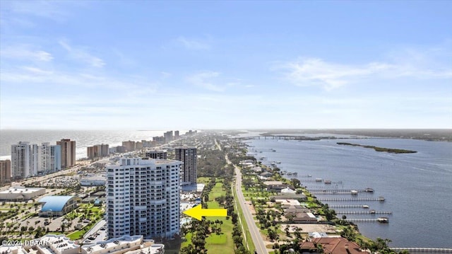 drone / aerial view with a water view