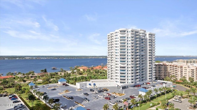 drone / aerial view featuring a water view