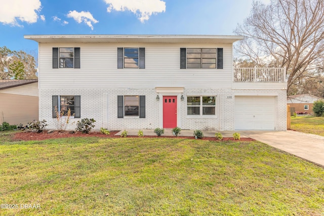 view of front of property featuring a garage, concrete driveway, a balcony, a front lawn, and brick siding