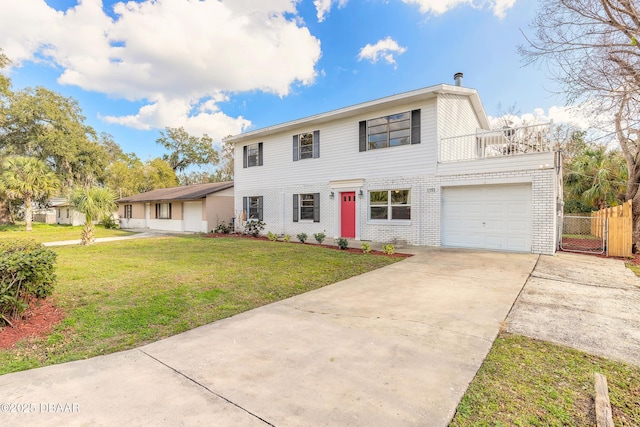 view of front of house featuring an attached garage, a balcony, brick siding, driveway, and a front lawn