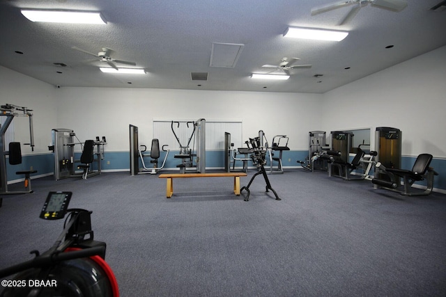 exercise room featuring a textured ceiling and ceiling fan