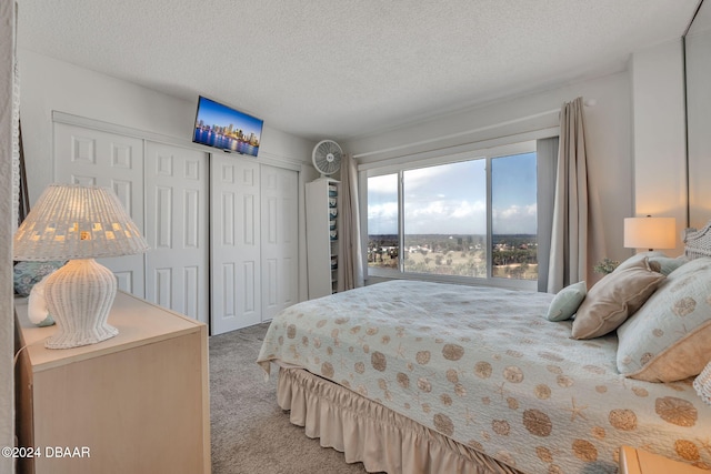 bedroom with light carpet, two closets, and a textured ceiling