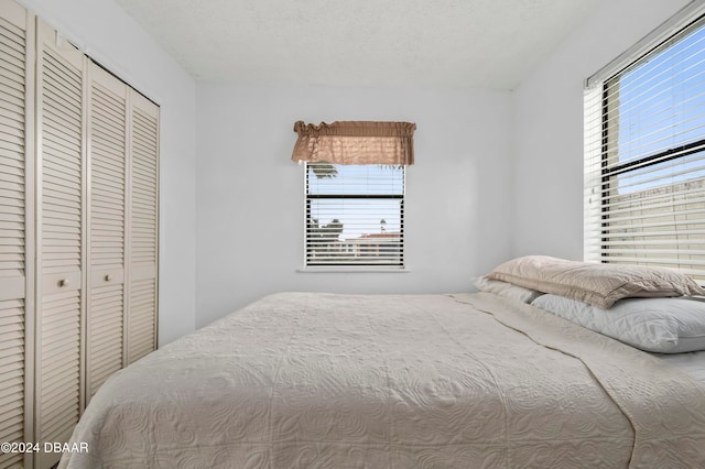 bedroom with a closet, multiple windows, and a textured ceiling