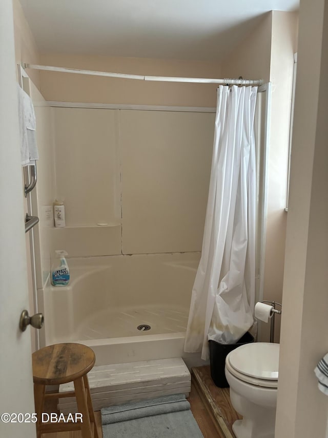 bathroom featuring toilet and a shower with shower curtain