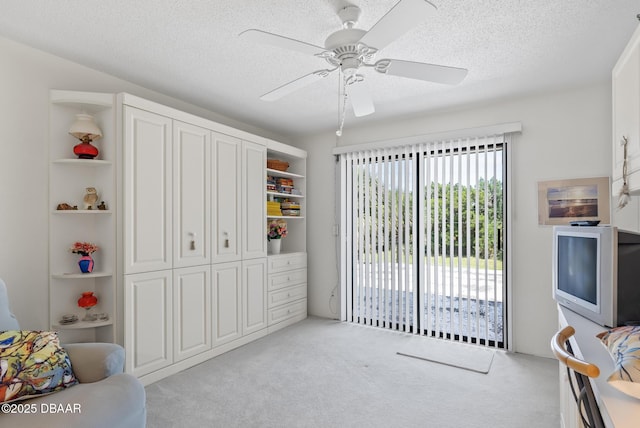 bedroom featuring access to exterior, ceiling fan, light carpet, a textured ceiling, and a closet