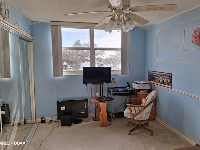 carpeted office with a textured ceiling, plenty of natural light, and ceiling fan