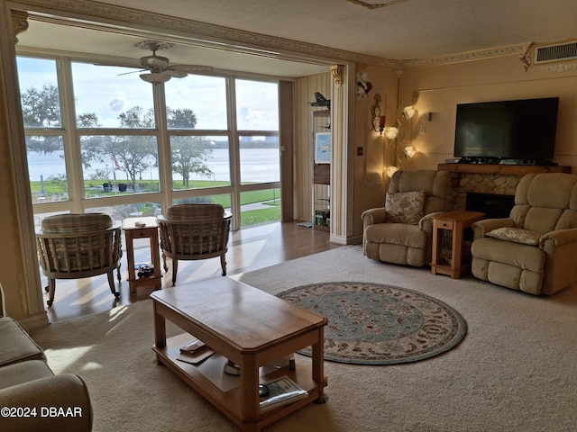 living room with ceiling fan, plenty of natural light, and a textured ceiling