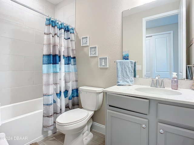 full bathroom with toilet, vanity, shower / bath combination with curtain, and tile patterned flooring