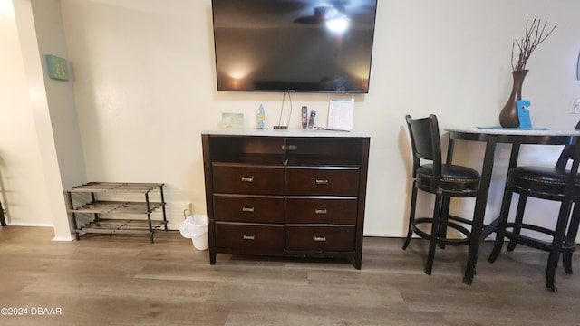 interior space featuring light hardwood / wood-style floors and dark brown cabinets