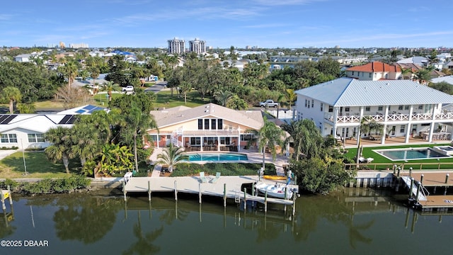 aerial view featuring a water view