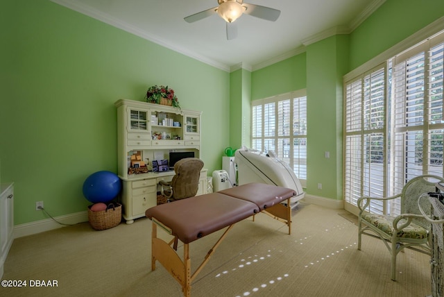 sitting room with ceiling fan and crown molding