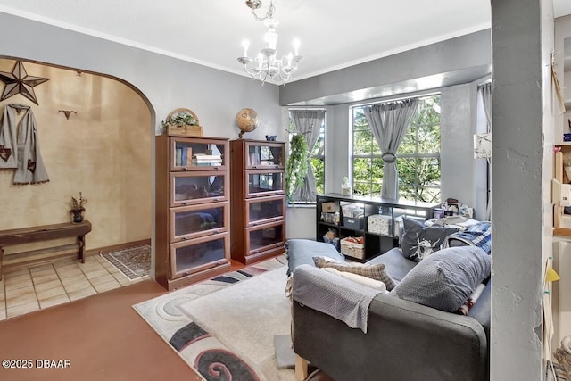 5967 Plantera Ct, Port Orange, FL 32127 - living area featuring a chandelier, ornamental molding, tile patterned floors, and baseboards