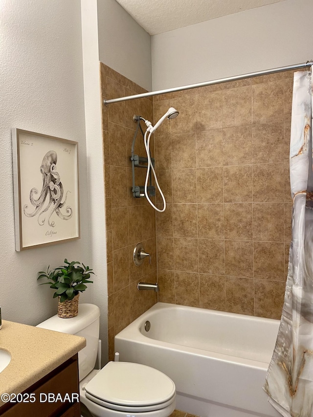 full bathroom featuring shower / bathtub combination with curtain, vanity, toilet, and a textured ceiling