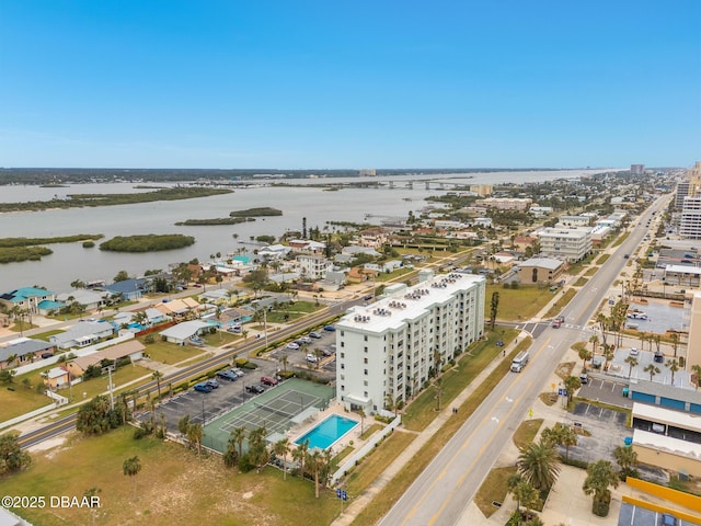 drone / aerial view featuring a water view