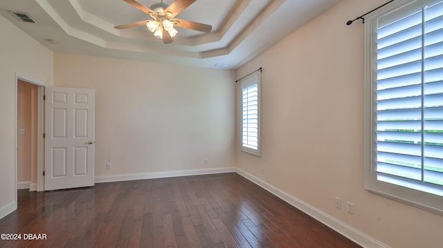 spare room with a raised ceiling, a healthy amount of sunlight, and dark hardwood / wood-style floors