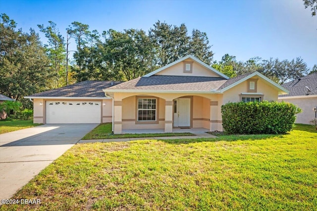 ranch-style home featuring a garage, a front yard, and a porch