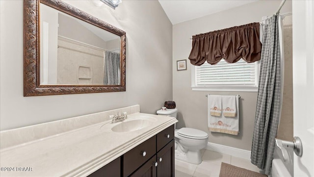 full bathroom with vanity, shower / bath combo with shower curtain, tile patterned flooring, and toilet