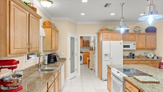 5711 John Anderson Hwy, Flagler Beach, FL 32136 - kitchen with white appliances, a sink, ornamental molding, light tile patterned flooring, and decorative light fixtures