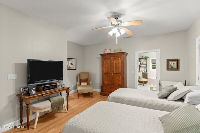 bedroom featuring ceiling fan and light wood-type flooring