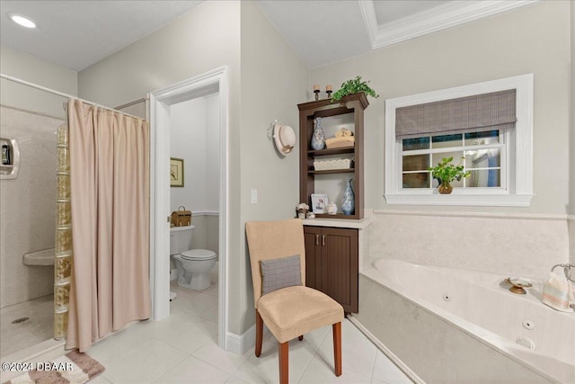 bathroom featuring crown molding, toilet, tile patterned floors, and separate shower and tub