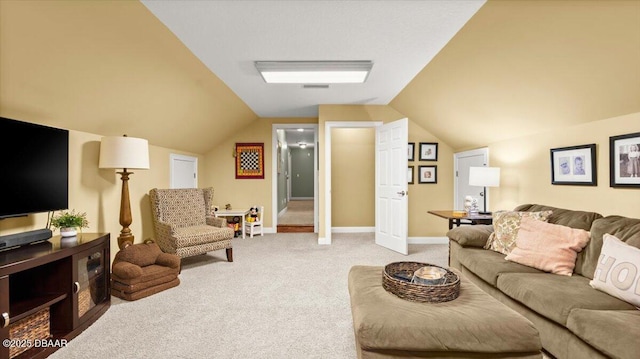 living room featuring vaulted ceiling and light colored carpet