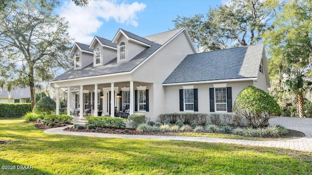 view of front facade with a front lawn and covered porch