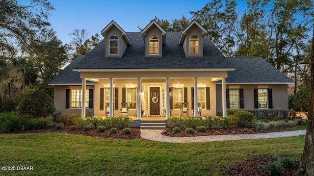 view of front of property featuring a front yard and covered porch