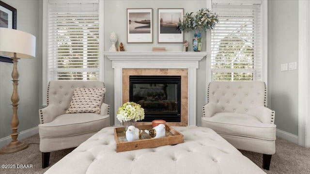 living area featuring plenty of natural light, a fireplace, and carpet