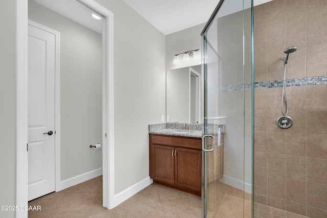 281 Compass Rose Dr, Daytona Beach, FL 32124 - bathroom featuring a shower stall, tile patterned flooring, vanity, and baseboards
