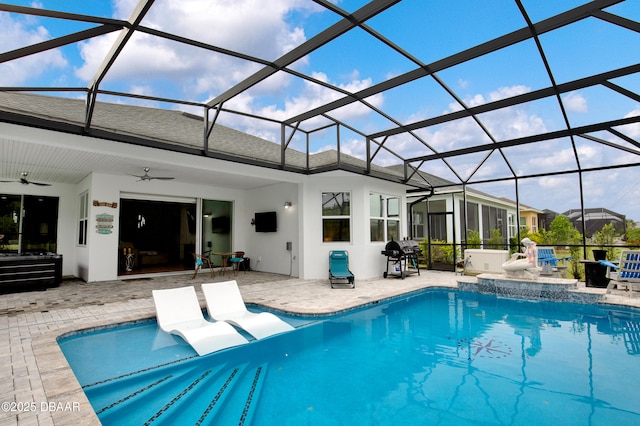 281 Compass Rose Dr, Daytona Beach, FL 32124 - outdoor pool featuring a ceiling fan, a patio, glass enclosure, and area for grilling