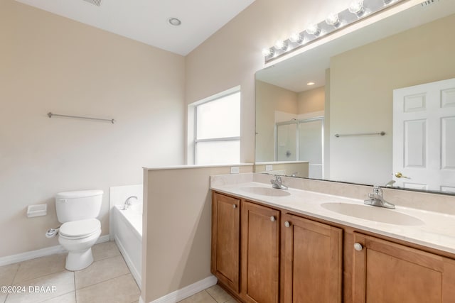 full bathroom with vanity, tile patterned floors, toilet, and plus walk in shower