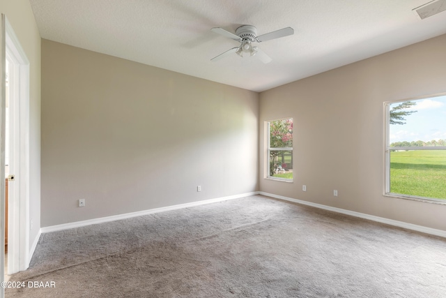 carpeted empty room featuring a textured ceiling, a wealth of natural light, and ceiling fan