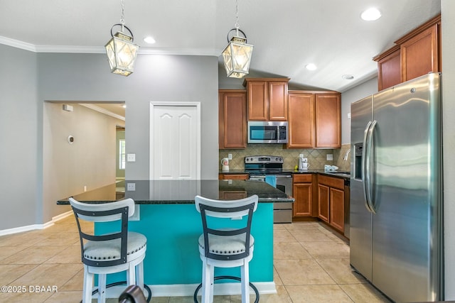 3328 Marsili Ave, New Smyrna Beach, FL 32168 - kitchen with crown molding, stainless steel appliances, light tile patterned floors, and tasteful backsplash